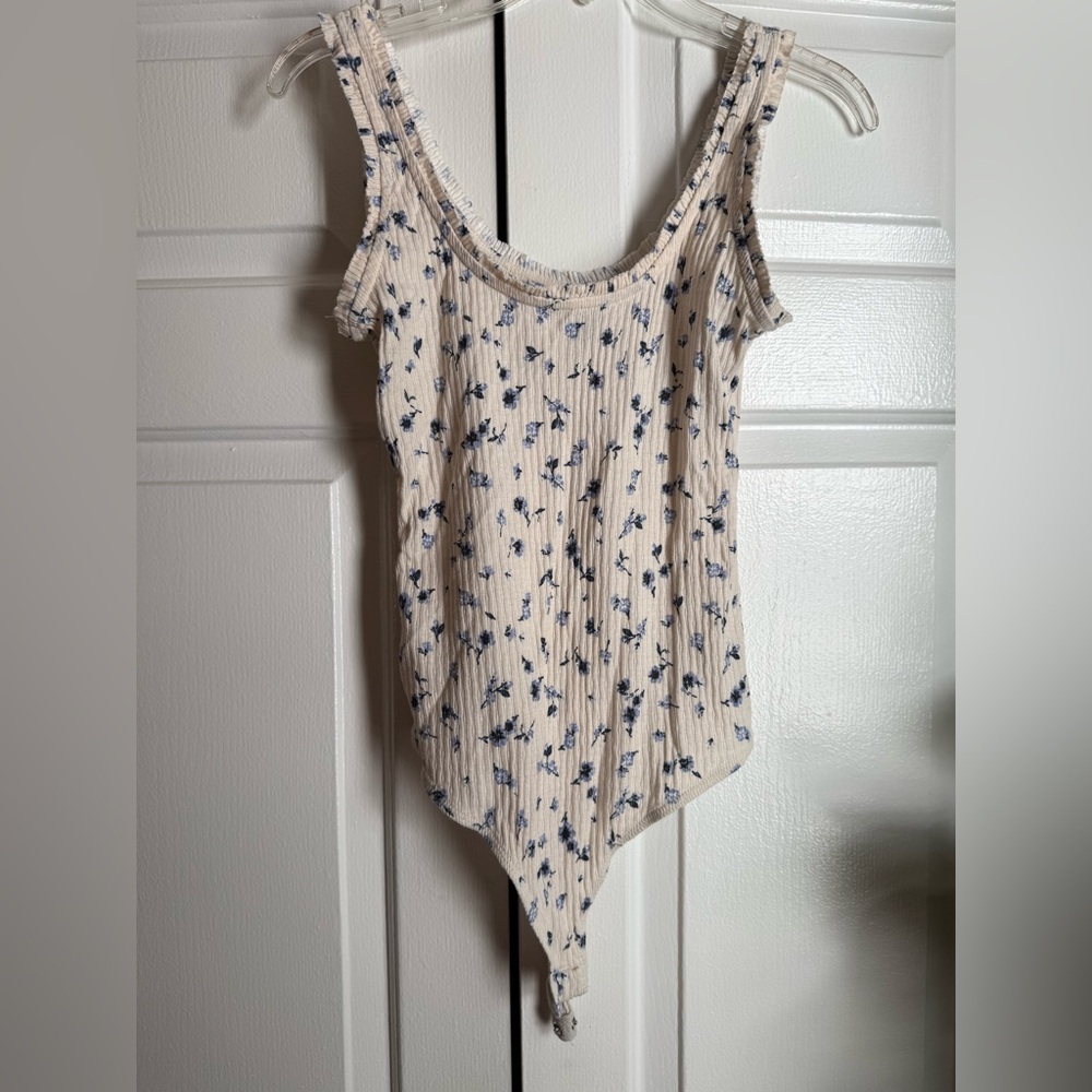 Cottagecore Cream & Blue Flower Bodysuit Sz S Coastal Cowgirl Feminine